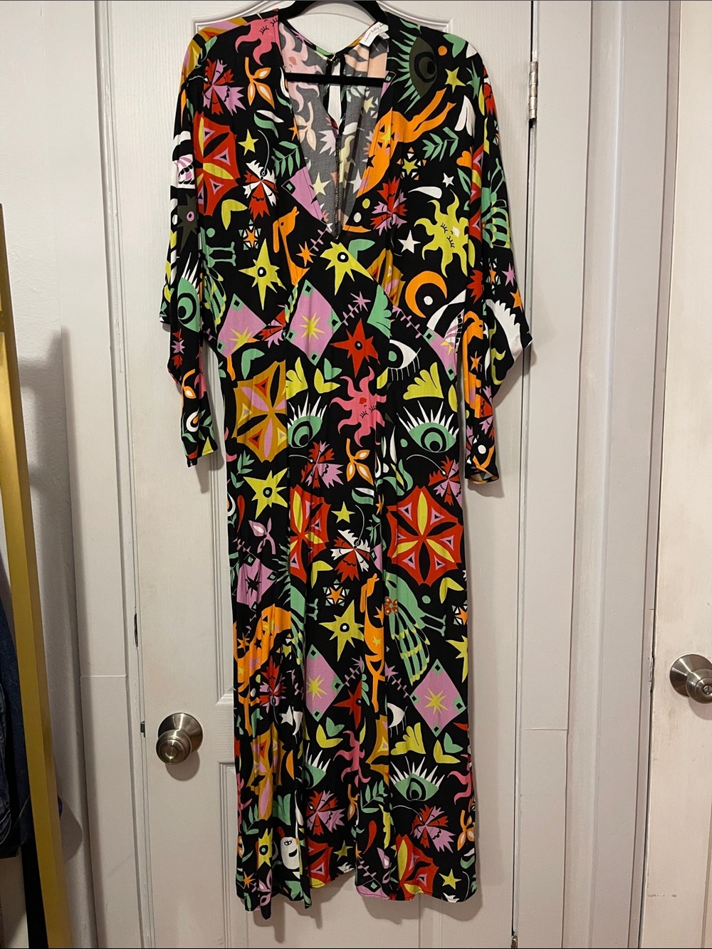 Never Fully Dressed Black Multi-Color Graphic V-Neck Maxi Dress